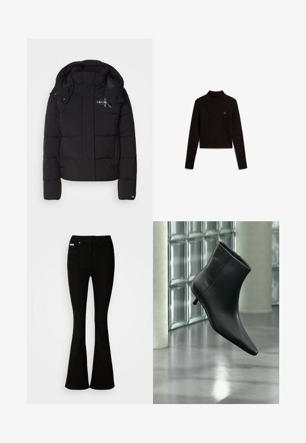 Schwarze Daunenjacke mit Kapuze, gesteppte Gestaltung und Calvin Klein Logo auf der Brust. Verfügt über einen Frontreißverschluss und Druckknopf-Details.; Schwarzer, gerippter Langarm-Stehkragenpullover mit kurzer Länge und kleinem Calvin Klein-Logo auf der linken Brust.; Schwarze Schlagjeans mit einer taillierten Passform, aus weichem Denim gefertigt. Mit zwei Vorderaschen und einem klassischen Knopf- und Reißverschluss ausgestattet.; Schwarzer Leder-Stiefelette mit spitzer Zehenpartie und niedrigem Kitten-Heel, schräg dargestellt vor einem polierten Boden und einer Glasbausteinwand.