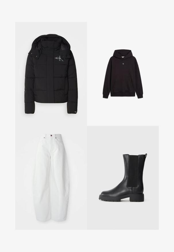 Sort pufferjakke med hætte, kviltet design og Calvin Klein-logo på brystet. Har en frontlynlås og trykknapdetaljer.; Sort pullover hoodie med frontlomme og lille firkantet logopatch centreret under halsudskæringen.; Højtaljede hvide denimbukser med løs pasform. Har en knaplukning, sidelommer og et minimalistisk design. Glat tekstur.; Sorte læder ankelstøvler med elastiske sidepaneler, rund tå og chunky gummisål. Har et diskret logo præget på siden.