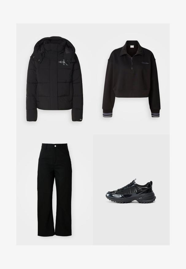 Schwarze Daunenjacke mit Kapuze, gesteppte Gestaltung und Calvin Klein Logo auf der Brust. Verfügt über einen Frontreißverschluss und Druckknopf-Details.; Schwarzes, kürzes Sweatshirt mit einem Reißverschluss-Halskragen, das mit der Calvin Klein Marke und gestreiften Bündchen in Weiß und Grau versehen ist. Hergestellt aus weichem Material.; Schwarze, hoch taillierte, gerade geschnittene Hose mit Vordertaschen, Gürtelschlaufen und einem silbernen Knopfverschluss auf weißem Hintergrund.; Schwarze, glänzende Sneakers mit einem geschwungenen Oberdesign, strukturierten Gummisohlen und Schnürverschluss. Mit Branding an der Seite und einer Zuglasche hinten.