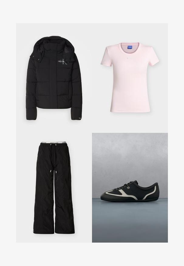 Schwarze Daunenjacke mit Kapuze, gesteppte Gestaltung und Calvin Klein Logo auf der Brust. Verfügt über einen Frontreißverschluss und Druckknopf-Details.; Hellrosa geripptes T-Shirt mit kurzen Ärmeln und Rundhalsausschnitt, mit einem kleinen rechteckigen Detail unterhalb des Halsausschnitts und einem blauen "HUGO"-Label innen im Kragen.; Schwarze, locker sitzende Nylonhose mit elastischem Bund und Kordelzug, seitlichen Reißverschlusstaschen und sichtbarem Tommy Jeans Marken-Innenbund.; Schwarzer Sneaker mit strukturiertem Lederobermaterial, kontrastierenden grauen Akzenten, runder Spitze und flacher Sohle. Verfügt über Schnürsenkel und Markenlogo an der Seite.