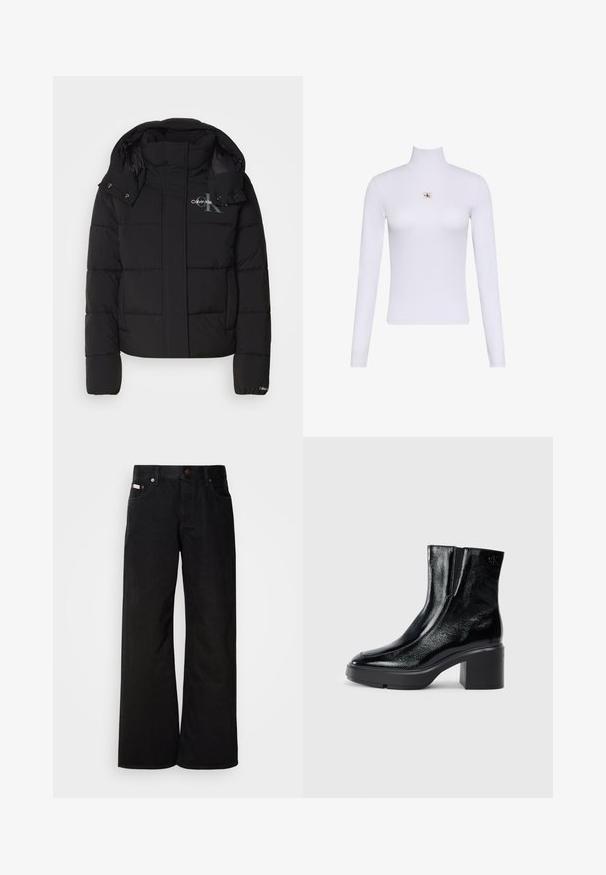 Sort pufferjakke med hætte, kviltet design og Calvin Klein-logo på brystet. Har en frontlynlås og trykknapdetaljer.; Hvid langærmet rullekravetrøje med en lille Calvin Klein logo lap placeret centralt på brystet.; Sorte breddebenede jeans lavet af bomuld. Har forlommer, en knaplukning og en klassisk denimtekstur. Minimalistisk design uden mønstre.; Sorte patenterede læderankelstøvler med en buet tå, elastiske sidepaneler og en kraftig blokhæl. Har et præget logo på bagsiden.