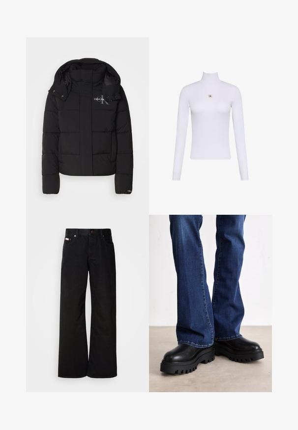 Zwarte pufferjas met een capuchon, geborduurd ontwerp en Calvin Klein-logo op de borst. Beschikt over een rits aan de voorkant en drukknopaccenten.; Witte lange mouwen coltrui top met een klein Calvin Klein-logo midden op de borst.; Zwarte wijde spijkerbroek van katoen. Voorzien van zijzakken, een knoopsluiting en een klassieke denimtextuur. Minimalistisch ontwerp zonder patronen.; Chunky zwarte platformlaarzen met gestructureerde rubberen zolen, een ronde neus en een glad leren bovenwerk, gecombineerd met blauwe flared jeans.