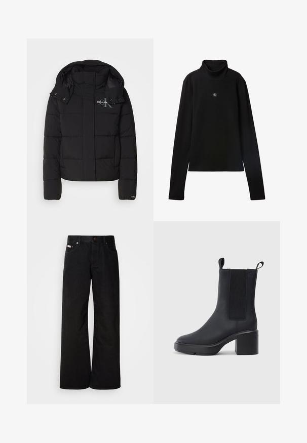 Sort pufferjakke med hætte, kviltet design og Calvin Klein-logo på brystet. Har en frontlynlås og trykknapdetaljer.; Sort ribstrikket bluse med lange ærmer og lille firkantet Calvin Klein-logo placeret centralt på brystet.; Sorte breddebenede jeans lavet af bomuld. Har forlommer, en knaplukning og en klassisk denimtekstur. Minimalistisk design uden mønstre.; Sorte ankelstøvler i glat gummimateriale, med elastiske sidepaneler, blokhæle og trækskilt øverst for nem påtagning.