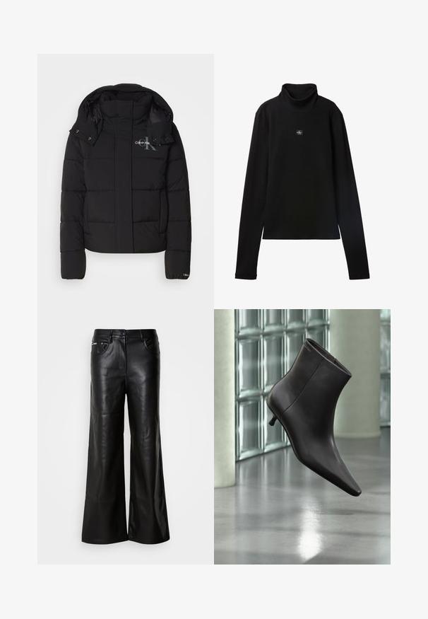 Sort pufferjakke med hætte, kviltet design og Calvin Klein-logo på brystet. Har en frontlynlås og trykknapdetaljer.; Sort ribstrikket bluse med lange ærmer og lille firkantet Calvin Klein-logo placeret centralt på brystet.; Sorte læder bukser med bredde ben og en glat tekstur, der har en frontknaplukning, to sidelommer og minimale syninger.; Sort læderankelstøvle med spids tå og lille hæl vist mod en væg af glasblokke og poleret gulv baggrund.
