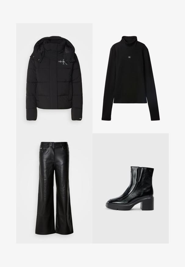 Schwarze Daunenjacke mit Kapuze, gesteppte Gestaltung und Calvin Klein Logo auf der Brust. Verfügt über einen Frontreißverschluss und Druckknopf-Details.; Schwarzes, geripptes Langarm-Top mit Rollkragen und kleinem quadratischem Calvin Klein Logo-Patch zentral auf der Brust.; Schwarze Leder-Breitbein-Hosen mit einer glatten Textur, ausgestattet mit einem vorderen Knopfverschluss, zwei Seitentaschen und minimalen Nähten.; Schwarze Lackleder-Stiefeletten mit einer geschwungenen Zehenpartie, elastischen Seiteneinsätzen und einem klobigen Blockabsatz. Mit geprägtem Logo auf der Rückseite.