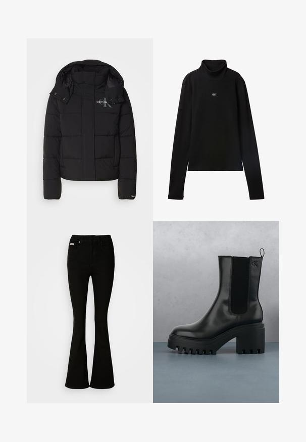 Schwarze Daunenjacke mit Kapuze, gesteppte Gestaltung und Calvin Klein Logo auf der Brust. Verfügt über einen Frontreißverschluss und Druckknopf-Details.; Schwarzes, geripptes Langarm-Top mit Rollkragen und kleinem quadratischem Calvin Klein Logo-Patch zentral auf der Brust.; Schwarze Schlagjeans mit einer taillierten Passform, aus weichem Denim gefertigt. Mit zwei Vorderaschen und einem klassischen Knopf- und Reißverschluss ausgestattet.; Schwarze Leder-Stiefelette mit runder Zehenform, chunky Plateausohle und Netzseiteneinsätzen. Verfügt über eine Zuglasche für einfaches An- und Ausziehen.