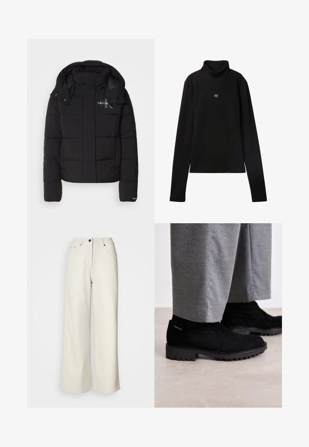 Schwarze Daunenjacke mit Kapuze, gesteppte Gestaltung und Calvin Klein Logo auf der Brust. Verfügt über einen Frontreißverschluss und Druckknopf-Details.; Schwarzes, geripptes Langarm-Top mit Rollkragen und kleinem quadratischem Calvin Klein Logo-Patch zentral auf der Brust.; Cremefarbene weit geschnittene Hose aus glattem Stoff. Sie hat eine mittlere Leibhöhe, einen Reißverschluss und zwei vordere Taschen mit schwarzen Hardware-Elementen.; Schwarze Wildleder-Stiefeletten mit Gummisohle, ausgestattet mit einem elastischen Seiteneinsatz und einem Logo-Akzent an der Ferse. Kombiniert mit grauen Hosen.