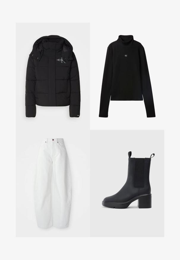 Sort pufferjakke med hætte, kviltet design og Calvin Klein-logo på brystet. Har en frontlynlås og trykknapdetaljer.; Sort ribstrikket bluse med lange ærmer og lille firkantet Calvin Klein-logo placeret centralt på brystet.; Højtaljede hvide denimbukser med løs pasform. Har en knaplukning, sidelommer og et minimalistisk design. Glat tekstur.; Sorte ankelstøvler i glat gummimateriale, med elastiske sidepaneler, blokhæle og trækskilt øverst for nem påtagning.
