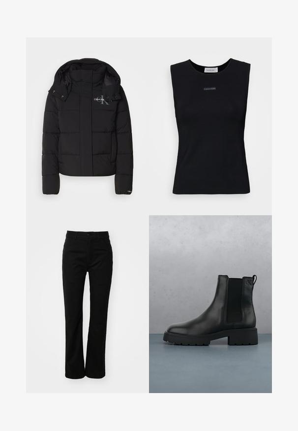 Schwarze Daunenjacke mit Kapuze, gesteppte Gestaltung und Calvin Klein Logo auf der Brust. Verfügt über einen Frontreißverschluss und Druckknopf-Details.; Schwarzes ärmelloses Top aus glattem Stoff. Merkmale einen runden Ausschnitt und ein kleines Calvin Klein Logo in der Mitte. Einfaches und figurnahes Design.; Schwarze Baumwollhose mit geradem Bein, ausgestattet mit einem vorderen Knopfverschluss, Gürtelschlaufen und zwei Seitentaschen. Glatte Textur.; Schwarze Leder-Chelsea-Stiefel mit elastischen Seitenpaneelen, strukturiertem Finish und robusten Sohlen, platziert über braunen Holzbodenfliesen mit Kieselsteinen.