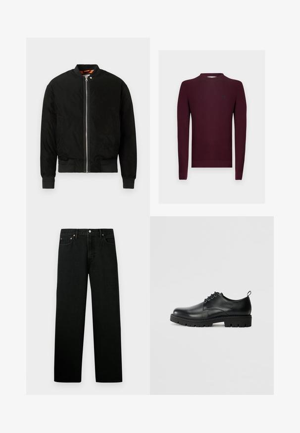 Veste bomber noire avec fermeture éclair à l'avant et poignets côtelés. Fabriquée en tissu lisse avec une texture subtile et un design minimaliste.; Pull en tricot bordeaux à manches longues, texture côtelée, et encolure ronde. Petit logo sur la poitrine gauche.; Jeans en denim noir avec une coupe droite, dotés d'un design à cinq poches, de quincaillerie en cuivre et d'une texture douce.; Chaussure en cuir noir à bout arrondi, présentant un design à lacets, une semelle en caoutchouc noire robuste et un petit onglet de talon à l'arrière.
