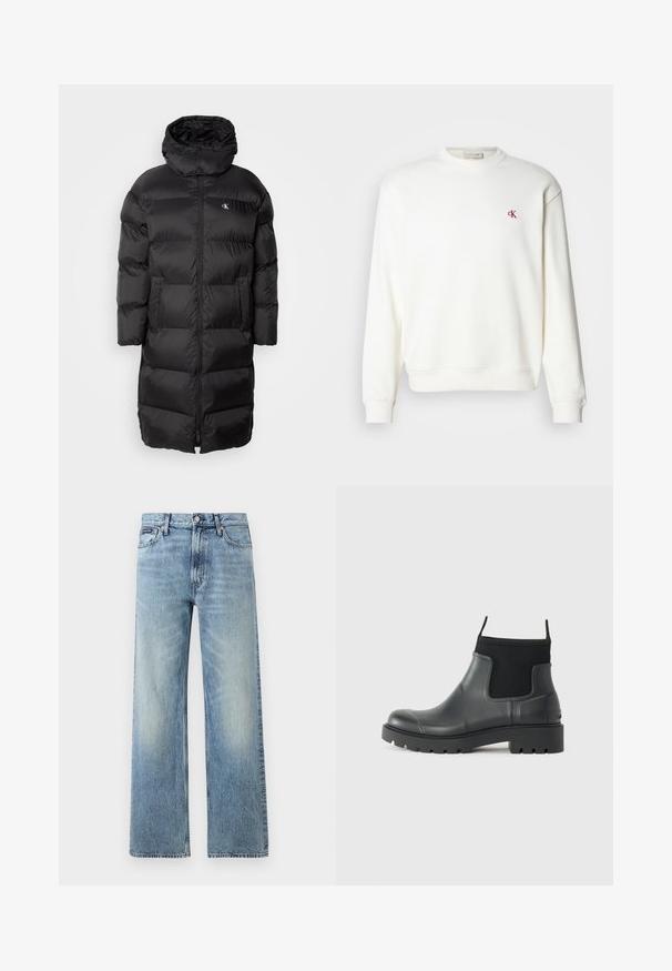 Manteau noir en duvet avec capuche, présentant un design matelassé, une fermeture éclair à l'avant et deux poches sur le devant. Le matériau semble lisse et brillant.; Un sweat-shirt blanc à col rond en coton, arborant un petit logo "ck" rouge sur la poitrine, des poignets et un ourlet côtelés. Texture simple et lisse.; Jean droit en denim bleu clair avec taille haute, cinq poches, fermeture à boutons et léger délavage sur les cuisses et les genoux.; Bottines noires en caoutchouc avec une finition mate, présentant un design épuré, des panneaux élastiques et une semelle épaisse pour une meilleure traction.