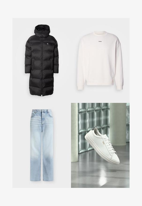 Manteau noir en duvet avec capuche, présentant un design matelassé, une fermeture éclair à l'avant et deux poches sur le devant. Le matériau semble lisse et brillant.; Sweatshirt blanc à col rond en mélange de coton doux, présentant une coupe décontractée, des poignets côtelés, et le logo "HUGO" en noir sur la poitrine.; Jeans bleu clair taille haute à jambes droites, avec poches avant, passants de ceinture et fermeture par bouton.; Baskets basses en cuir blanc avec lacets, languette de talon noire et logo « BOSS », flottant à l'intérieur près d'un mur en blocs de verre et d'un sol poli.