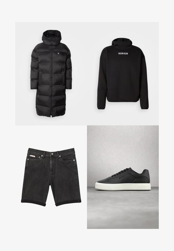 Abrigo de plumas negro con capucha, con un diseño acolchado, cremallera frontal y dos bolsillos en la parte delantera. El material parece suave y brillante.; Sudadera negra con cuello alto, mangas largas y puños acanalados. Logo "CALVIN KLEIN" en blanco en la parte superior de la espalda. Textura de tejido suave.; Pantalones cortos de mezclilla negros con dobladillos vueltas, cierre frontal con botón y cremallera, trabillas para cinturón y bolsillos delanteros sobre un fondo liso.; Zapatillas de cuero negro con suela de goma blanca, puntera redondeada y cordones planos. Detalles texturizados en los lados, diseño minimalista.