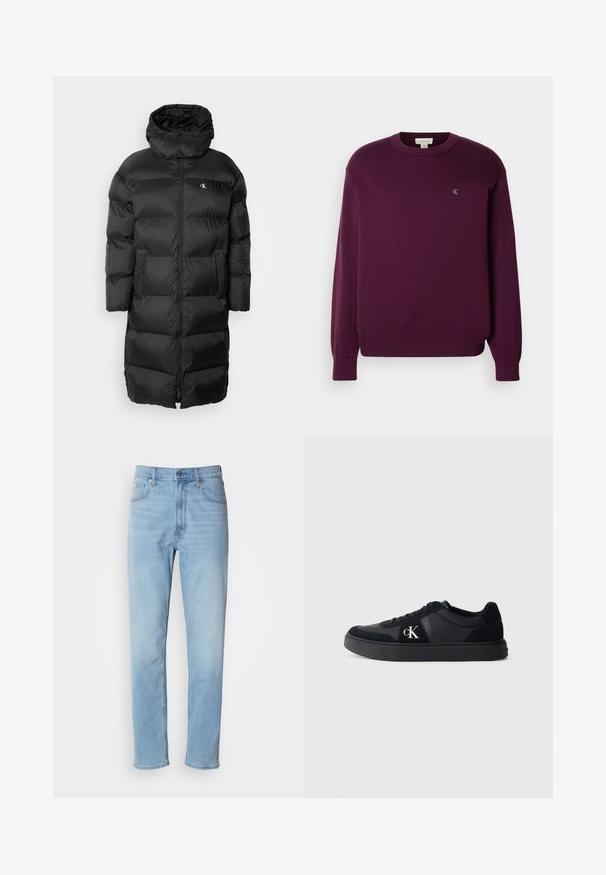 Abrigo de plumas negro con capucha, con un diseño acolchado, cremallera frontal y dos bolsillos en la parte delantera. El material parece suave y brillante.; Sweater de punto morado con mangas largas, cuello redondo, dobladillo y puños acanalados, que presenta un pequeño logo de CK en el pecho. Textura suave.; Jeans de mezclilla azul claro con un corte recto, cinco bolsillos y trabillas para cinturón. La tela presenta una textura suave con un ligero efecto de desvanecimiento.; Deportiva negra de corte bajo con diseño de cordones, acentos de ante y logo blanco "cK" en el costado, ubicada sobre un fondo gris claro liso.