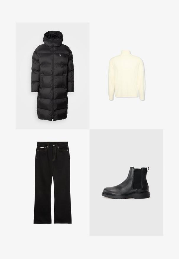 Sort pufferjakke med hætte, der har et quiltet design, frontlynlås og to frontlommer. Materialet ser glat og skinnende ud.; Kremfarvet langærmet højhalset sweater med ribbet manchetter og et diskret logo på brystet, vist på en ensfarvet hvid baggrund.; Sorte jeans med lige ben, orange syning, fem lommer, knaplukning og et lille Calvin Klein-mærke på den forreste højre lomme.; Sorte læder chelsea støvler med tekstureret finish, elastiske sidepaneler og en robust gummisål. Subtil branding på hælen.