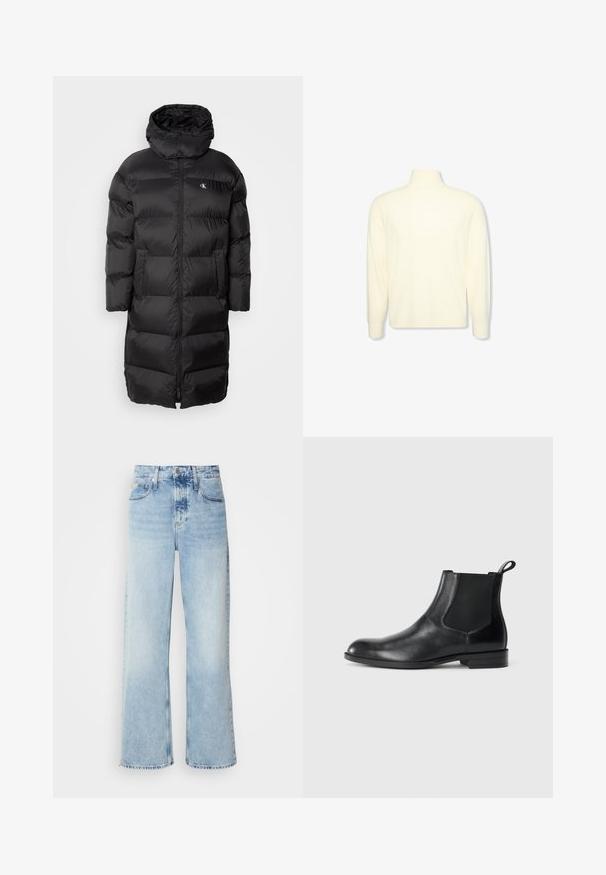 Manteau noir en duvet avec capuche, présentant un design matelassé, une fermeture éclair à l'avant et deux poches sur le devant. Le matériau semble lisse et brillant.; Pull col roulé crème à manches longues avec des poignets côtelés et un logo discret sur la poitrine, présenté sur un fond blanc uni.; Jean large bleu clair à taille haute, avec une finition délavée, des passants de ceinture et un design classique à cinq poches. L'ourlet est brut.; Bottine en cuir noir avec des panneaux latéraux élastiques, bout rond et tirette. Texture lisse, semelle plate, design minimaliste.