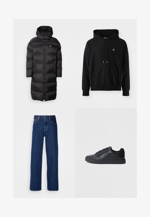 Abrigo de plumas negro con capucha, con un diseño acolchado, cremallera frontal y dos bolsillos en la parte delantera. El material parece suave y brillante.; Sudadera negra de algodón suave con un bolsillo frontal tipo canguro, capucha ajustable con cordones y un pequeño logo blanco en el pecho.; Vaqueros de mezclilla azul oscuro con un diseño de pierna ancha, que presentan un cierre de botón y el clásico estilo de cinco bolsillos. La tela tiene una textura suave.; Zapatillas negras de cuero con diseño de cordones, suela de goma y logo en relieve en el lateral, que presentan una textura suave y un estilo minimalista.