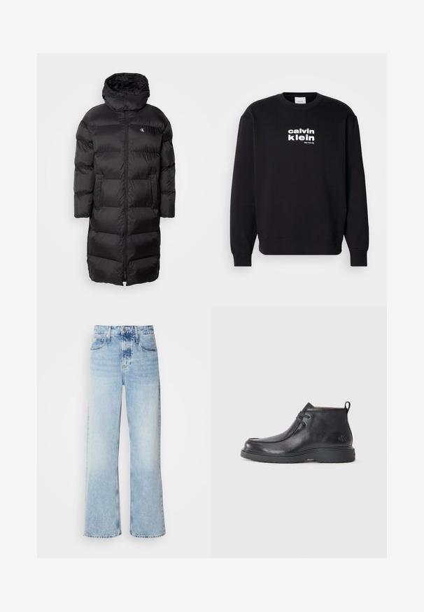 Abrigo de plumas negro con capucha, con un diseño acolchado, cremallera frontal y dos bolsillos en la parte delantera. El material parece suave y brillante.; Sudadera negra de algodón con cuello redondo. Presenta el logo blanco de "calvin klein" y "New York City" impreso en la parte frontal.; Vaqueros de pierna ancha en azul claro con una alta cintura, que presentan un acabado desgastado, cinturillas y un clásico diseño de cinco bolsillos. El dobladillo es sin acabar.; Botas de cuero negras hasta el tobillo con punta redondeada, diseño con cordones y una lengüeta en la parte trasera. Parte superior texturizada y suela de goma.