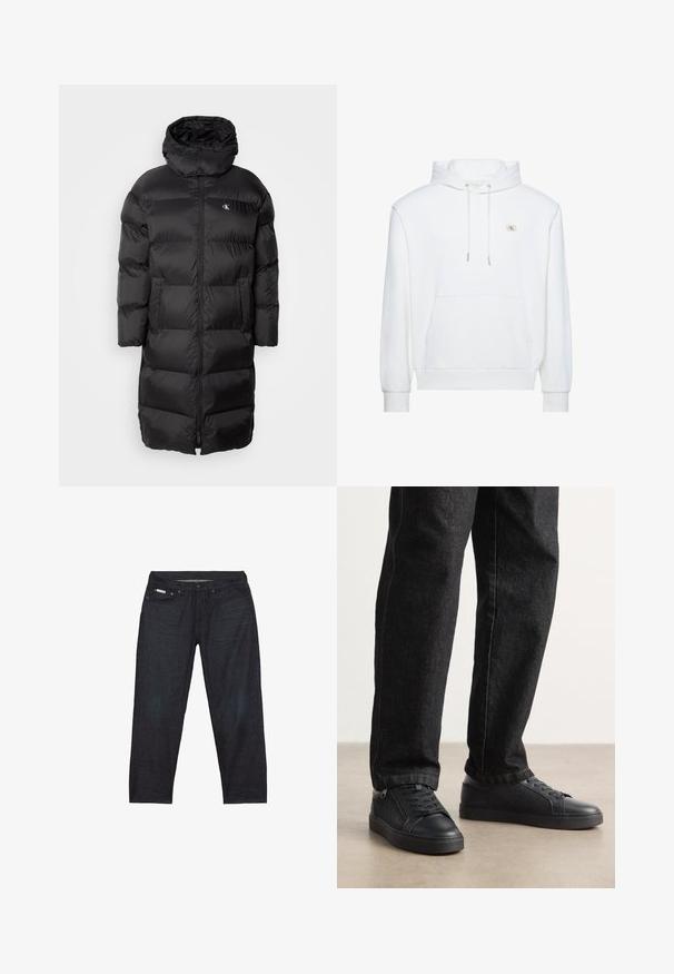 Abrigo de plumas negro con capucha, con un diseño acolchado, cremallera frontal y dos bolsillos en la parte delantera. El material parece suave y brillante.; Sudadera blanca con capucha, bolsillo delantero y cordones, con un pequeño logo de Calvin Klein en el pecho.; Pantalones vaqueros de mezclilla azul oscuro con corte recto, que cuentan con cinco bolsillos y detalles de costuras mínimas para un aspecto limpio.; Zapatillas negras con acabado texturizado y suelas de goma planas, combinadas con jeans de mezclilla oscuros con costuras visibles a lo largo de las piernas.