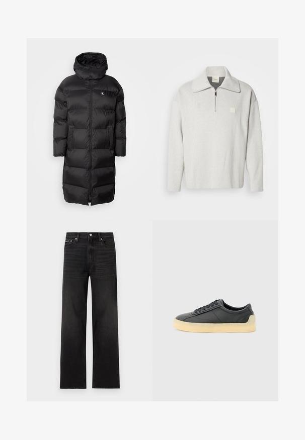 Sort pufferjakke med hætte, der har et quiltet design, frontlynlås og to frontlommer. Materialet ser glat og skinnende ud.; Lysegrå pullover med lynlås foran og bred krave. Har en lille firkantet logo på brystet. Lavet af et tekstureret stof.; Sorte jeans med lige ben, fem-lomme design, bæltestropper og knaplukning, vist på en hvid baggrund.; Sort lavtstående lædersneaker med rund tå, sorte snørebånd og tyk off-white gummisål, vist fra siden på lysegrå baggrund.