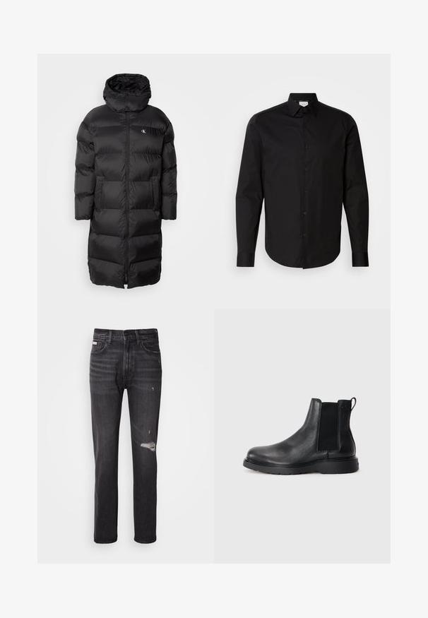 Schwarze Daunenjacke mit Kapuze, ausgestattet mit einem gesteppeten Design, einem Reißverschluss vorne und zwei vorderen Taschen. Das Material wirkt glatt und glänzend.; Schwarz, langärmliges Button-up-Hemd aus glattem Baumwollstoff. Verfügt über einen klassischen Kragen, Vorderknöpfe und einen abgerundeten Saum.; Schwarze Denim-Jeans mit gerade geschnittenem Bein, ausgefransten Details an den Knien, Fünf-Taschen-Stil und einem dezenten, ausgewaschenen Finish.; Schwarze Leder-Chelsea-Boots mit strukturiertem Finish, elastischen seitlichen Einsätzen und einer robusten Gummisohle. Dezentes Branding an der Ferse.