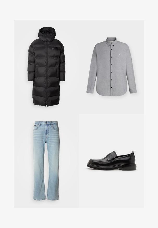 Abrigo de plumas negro con capucha, con un diseño acolchado, cremallera frontal y dos bolsillos en la parte delantera. El material parece suave y brillante.; Camisa de manga larga color gris claro con cierre de botones y cuello abotonado, con un pequeño logo "cK" bordado en el pecho izquierdo.; Jeans de mezclilla azul claro con corte recto, que cuentan con cinco bolsillos, un cierre de botón y un ligero desvanecimiento en la tela.; Calvin Klein MOCCASIN - Mocasines elegantes - black