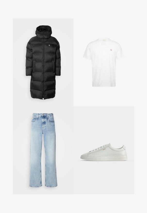 Schwarze Daunenjacke mit Kapuze, ausgestattet mit einem gesteppeten Design, einem Reißverschluss vorne und zwei vorderen Taschen. Das Material wirkt glatt und glänzend.; Weißes T-Shirt mit kurzen Ärmeln und Rundhalsausschnitt mit kleinem rot-schwarzem Calvin Klein Logo-Patch auf der linken Brust.; Helle blaue weite Jeans mit hoher Taille, in verwaschenem Finish, mit Gürtelschlaufen und klassischem Fünf-Taschen-Design. Der Saum ist ungesäumt.; Weißer Leder-Sneaker in niedriger Ausführung mit Schnürsenkeln, flacher Sohle und kleinem goldfarbenem "BOSS" Logo an der Seite, von der Außenseite betrachtet.