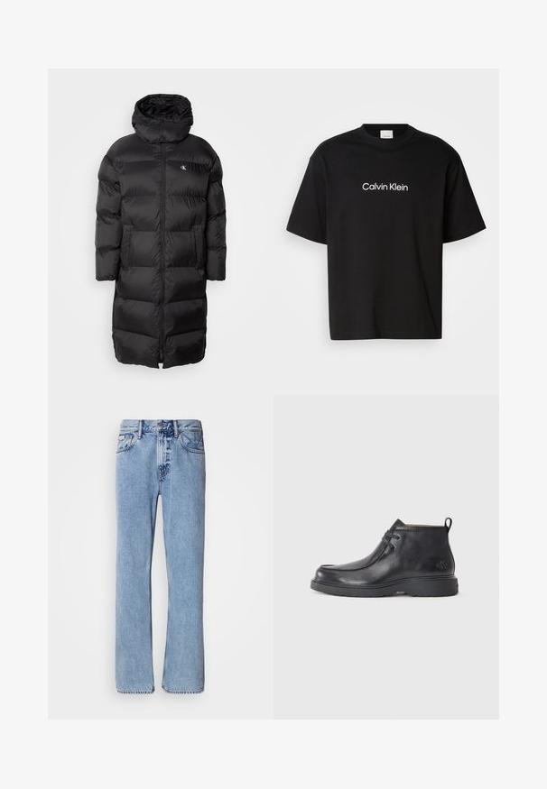 Manteau noir en duvet avec capuche, présentant un design matelassé, une fermeture éclair à l'avant et deux poches sur le devant. Le matériau semble lisse et brillant.; T-shirt en coton noir à manches courtes, présentant un logo "Calvin Klein" blanc sur le devant et un col rond classique.; Jean en denim bleu clair avec une coupe droite, cinq poches et une fermeture à bouton. Détails de couture près des poches et de la taille.; Bottes noires en cuir à talon arrondi, avec un design à lacets et une languette à l'arrière. Tige texturée et semelle en caoutchouc.