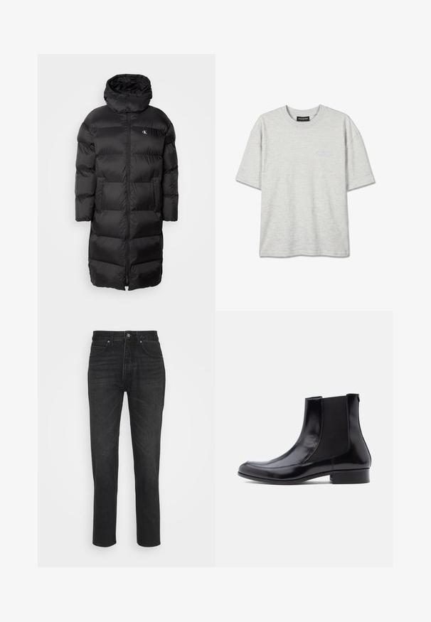 Schwarze Daunenjacke mit Kapuze, ausgestattet mit einem gesteppeten Design, einem Reißverschluss vorne und zwei vorderen Taschen. Das Material wirkt glatt und glänzend.; Hellgraues T-Shirt mit kurzen Ärmeln und Rundhalsausschnitt mit dezentem "PEGADOR"-Logo auf der linken Brustseite und schwarzem Etikett im Halsbereich.; Schwarze Jeans aus Denim mit geradem Schnitt, fünf Taschen, Knopfverschluss und dezenten Nähdetails.; Schwarze Leder-Stiefeletten mit elastischen Seiteneinsätzen, glatter Textur, abgerundeter Spitze und niedrigem Blockabsatz. Schlichtes, elegantes Design mit minimalen Nähten.