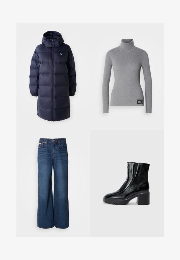 Marinepufferjakke med høj krave, lange ærmer og en frontlynlås. Har polstrede sektioner og et logo på brystet. Glat tekstur.; Grå ribbet turtleneck trøje med lange ærmer, tætsiddende design og et sort mærke med hvide initialer i bunden.; Bredde jeans lavet af mørkeblåt denim. Funktioner inkluderer en høj talje, fem lommer og kontrasterende orange syninger langs sømmene.; Sorte patenterede læderankelstøvler med en buet tå, elastiske sidepaneler og en kraftig blokhæl. Har et præget logo på bagsiden.