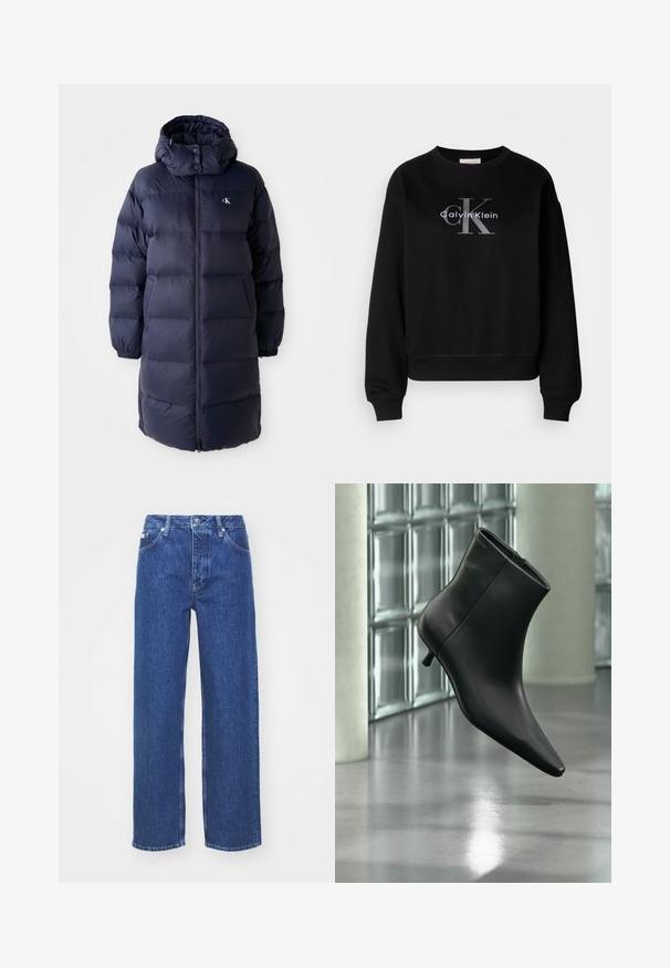 Marinepufferjakke med høj krave, lange ærmer og en frontlynlås. Har polstrede sektioner og et logo på brystet. Glat tekstur.; Sort sweatshirt lavet af bomuld, med rund hals og løs pasform. Viser et stort gråt logo med "Calvin Klein" og "CK" på forsiden.; Blå denim bred-benede jeans med høj talje, med lynlås og knaplukning, bæltestropper og subtilt falmet detaljer på stoffet.; Sort læderankelstøvle med spids tå og lav kitten-hæ, vist vinklet mod en poleret gulv- og glasblokvæg.