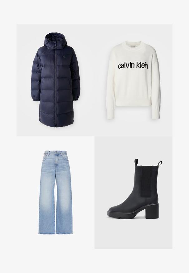 Marinepufferjakke med høj krave, lange ærmer og en frontlynlås. Har polstrede sektioner og et logo på brystet. Glat tekstur.; Hvid strikket sweater med rund halsudskæring og lange ærmer, med et sort "calvin klein" logo over brystet. Blød tekstur, cropped snit.; Lyseblå højtaljede jeans med vidde i benene, lukkes foran med knapper og lynlås, for- og baglommer samt en let slidt detalje på højre lomme.; Sorte ankelstøvler i glat gummimateriale, med elastiske sidepaneler, blokhæle og trækskilt øverst for nem påtagning.