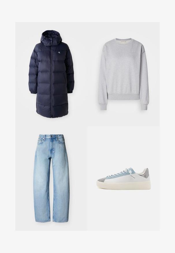 Marinepufferjakke med høj krave, lange ærmer og en frontlynlås. Har polstrede sektioner og et logo på brystet. Glat tekstur.; Grå bomulds sweatshirt med lange ærmer, rund halsudskæring, ribbede manchetter og kant, der har et diskret broderet logo på brystet.; Lyseblå straight-leg denim jeans med fem lommer, bæltestropper og lukning med knap foran.; Hvide sneakers med en lys blå syntetisk overdel og en tekstureret sølvfarvet detalje på hælen, med en flad sål og et mønstret tåhætte.