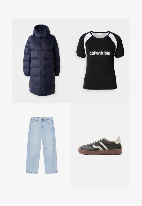 Marinepufferjakke med høj krave, lange ærmer og en frontlynlås. Har polstrede sektioner og et logo på brystet. Glat tekstur.; Sort strikket kortærmet top med hvide raglanærmer. Har "calvinklein" tekst i hvidt over brystet. Rund halsudskæring. Blød tekstur.; Lyseblå jeans med lige ben, for- og baglommer, bæltestropper og knaplukning.; Grå corduroy lav-sneaker med hvide sidestriber, beige hælflap, hvide snørebånd og brun gummisål.