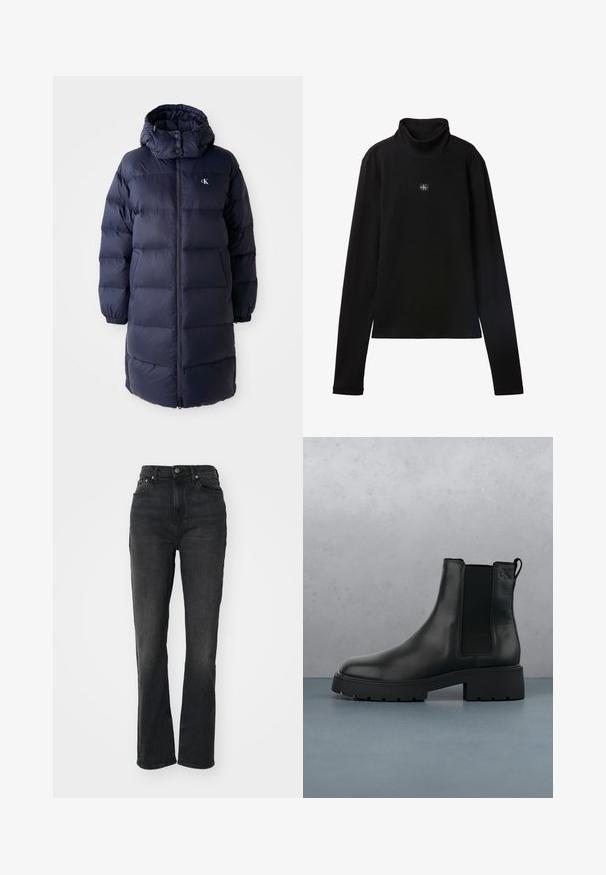 Marineblauwe pufferjas met een hoge kraag, lange mouwen en een ritssluiting aan de voorkant. Beschikt over gevoerde secties en een logo op de borst. Gladde structuur.; Zwarte geribde coltrui met lange mouwen en een klein vierkant Calvin Klein-logo midden op de borst.; Hoge zwarte denim jeans met rechte pijpen, vijf-pocket ontwerp, sluiting met een knoop aan de voorkant en minimale stikseldetails.; Zwarte leren Chelsea-boot met elastische zijpanelen, gestructureerde afwerking en een robuuste zool, gepositioneerd boven bruine houten tegels met steentjes.
