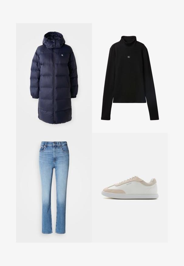 Marinepufferjakke med høj krave, lange ærmer og en frontlynlås. Har polstrede sektioner og et logo på brystet. Glat tekstur.; Sort ribstrikket bluse med lange ærmer og lille firkantet Calvin Klein-logo placeret centralt på brystet.; Blå denimjeans med høj talje, lige ben-design, falmede farvegradient og fem-lomme stil. Metalknap- og lynlås-lukning.; Hvide lædersneakers med beige ruskindsdetaljer og hvide snøringer. Har en rund tå og en polstret sål for komfort.