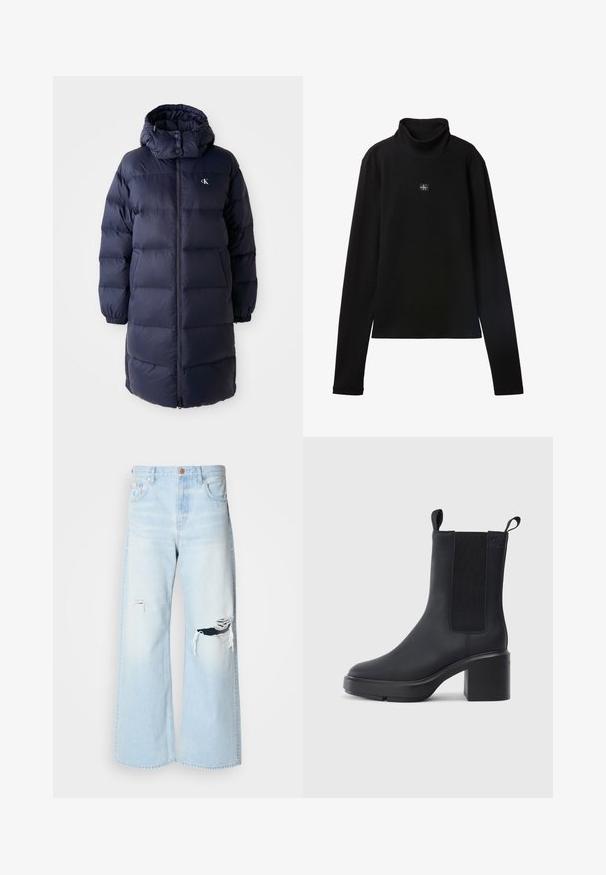 Marinepufferjakke med høj krave, lange ærmer og en frontlynlås. Har polstrede sektioner og et logo på brystet. Glat tekstur.; Sort ribstrikket bluse med lange ærmer og lille firkantet Calvin Klein-logo placeret centralt på brystet.; Lyseblå brede jeans lavet af denim, med høj talje, store revner ved knæene og et klassisk fem-lomme design med kobberhardware.; Sorte ankelstøvler i glat gummimateriale, med elastiske sidepaneler, blokhæle og trækskilt øverst for nem påtagning.