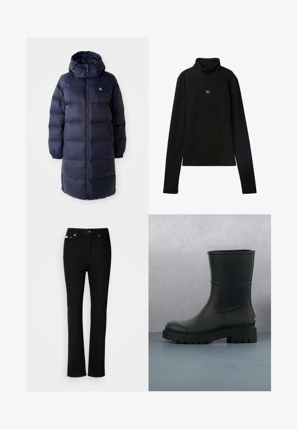 Marineblauwe pufferjas met een hoge kraag, lange mouwen en een ritssluiting aan de voorkant. Beschikt over gevoerde secties en een logo op de borst. Gladde structuur.; Zwarte geribde coltrui met lange mouwen en een klein vierkant Calvin Klein-logo midden op de borst.; Zwarte straight-leg jeans met knoop en rits aan de voorkant, ceintuurlussen en vijf-pocket styling.; Zwarte matte leren enkelbot met dikke profielzool die boven houten vierkante tegels en kleine grijze stenen buiten zweeft.