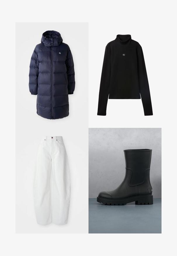Marinepufferjakke med høj krave, lange ærmer og en frontlynlås. Har polstrede sektioner og et logo på brystet. Glat tekstur.; Sort ribstrikket bluse med lange ærmer og lille firkantet Calvin Klein-logo placeret centralt på brystet.; Højtaljede hvide denimbukser med løs pasform. Har en knaplukning, sidelommer og et minimalistisk design. Glat tekstur.; Sort mat læder ankelstøvle med tyk klodset sål, svævende over træfliser og små grå sten udendørs.