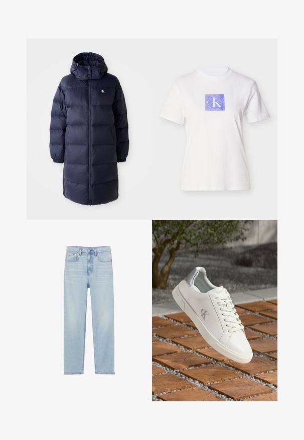 Marinepufferjakke med høj krave, lange ærmer og en frontlynlås. Har polstrede sektioner og et logo på brystet. Glat tekstur.; Hvid bomulds t-shirt med et lilla kvadratisk design med bogstaverne "CK" i en lys nuance. Kortærmet og med rund halsudskæring.; Lyseblå denimjeans med lige ben, fem lommer og knaplukning. Har diskret falmning og kontrasterende syninger.; Hvide lavtop sneakers med et glat materiale, snørebånd og en sølvaccent på hælen. Har et diskret prægtet logo på siden.