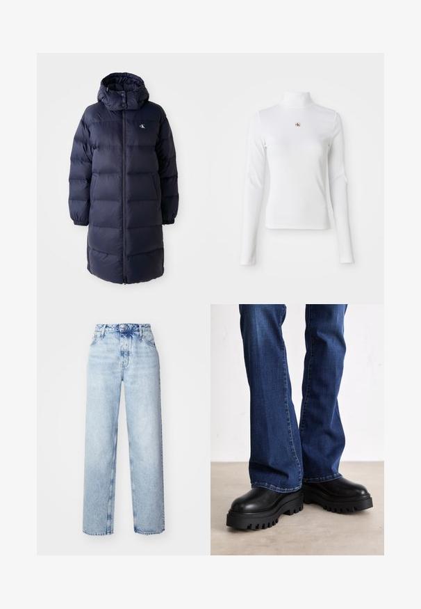 Marineblauwe pufferjas met een hoge kraag, lange mouwen en een ritssluiting aan de voorkant. Beschikt over gevoerde secties en een logo op de borst. Gladde structuur.; Witte turtleneck met lange mouwen, gemaakt van ribbelstof. Bevat een klein geborduurd logo in het midden. Aansluitend ontwerp zonder patronen.; Lichtblauwe high-waisted jeans met een losse pasvorm, met rechte pijpen, vijf zakken en een klassieke knoop- en ritssluiting.; Chunky zwarte platformlaarzen met gestructureerde rubberen zolen, een ronde neus en een glad leren bovenwerk, gecombineerd met blauwe flared jeans.