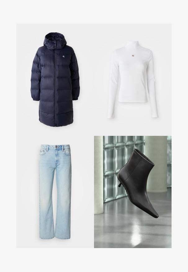 Marinepufferjakke med høj krave, lange ærmer og en frontlynlås. Har polstrede sektioner og et logo på brystet. Glat tekstur.; Langærmet, hvid turtleneck-top lavet af ribbet materiale. Har et lille broderet logo i midten. Tæt pasform uden mønstre.; Lyseblå brede jeans lavet af denim med et klassisk fem-lomme design og en subtil falmet tekstur. Denim-syninger er synlige.; Sort læderankelstøvle med spids tå og lille hæl vist mod en væg af glasblokke og poleret gulv baggrund.