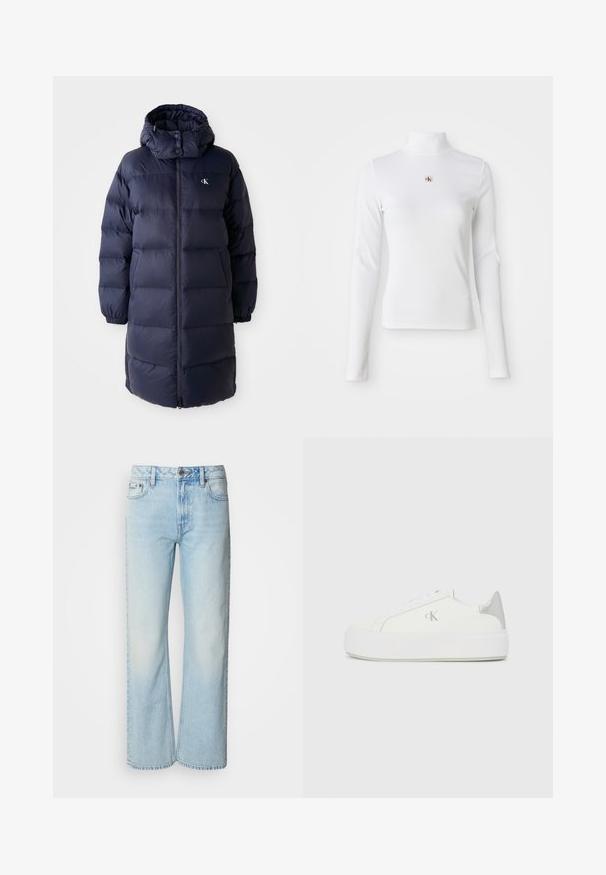 Marineblauwe pufferjas met een hoge kraag, lange mouwen en een ritssluiting aan de voorkant. Beschikt over gevoerde secties en een logo op de borst. Gladde structuur.; Witte turtleneck met lange mouwen, gemaakt van ribbelstof. Bevat een klein geborduurd logo in het midden. Aansluitend ontwerp zonder patronen.; Lichtblauwe wijde jeans van denim, voorzien van een klassiek vijf-pocket ontwerp en een subtiele vervaagde textuur. Denimstiksels zijn zichtbaar.; Witte canvas sneakers met een dikke witte zool, voorzien van een metallic zilveren accent op de hiel en een subtiel logo detail aan de zijkant.