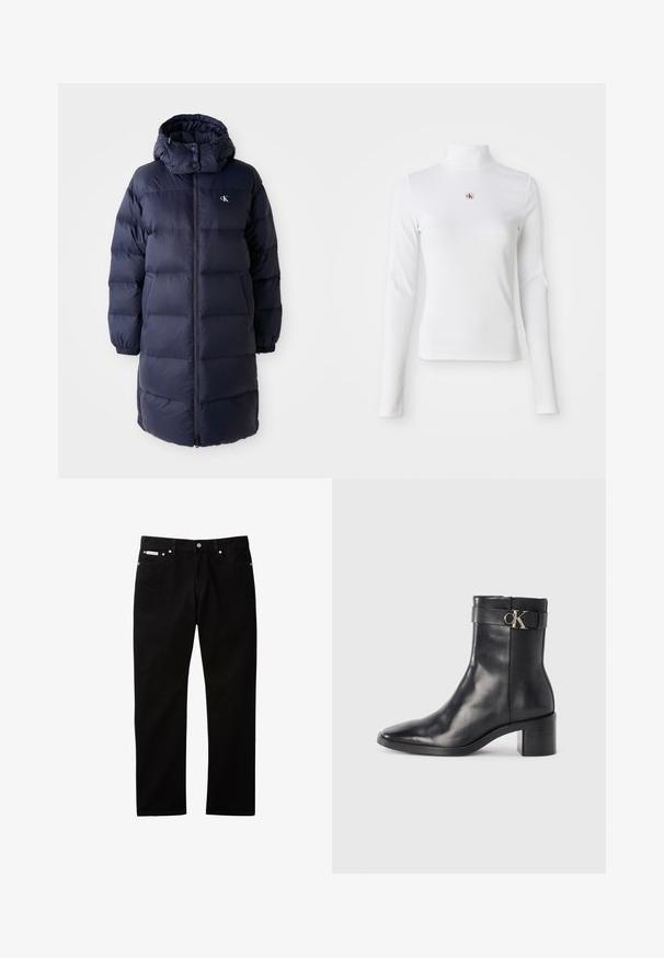 Marineblauwe pufferjas met een hoge kraag, lange mouwen en een ritssluiting aan de voorkant. Beschikt over gevoerde secties en een logo op de borst. Gladde structuur.; Witte turtleneck met lange mouwen, gemaakt van ribbelstof. Bevat een klein geborduurd logo in het midden. Aansluitend ontwerp zonder patronen.; Zwarte denim jeans met een rechte pijp, voorzien van een knoop- en ritssluiting, vijf zakken en een klein logovlaggetje op de tailleband.; Zwarte leren enkellaars met een spitse neus, blokhak en een bandje met een metallic logo. Gladde textuur en minimalistisch ontwerp.