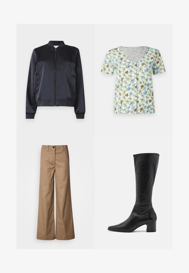 Veste bomber en satin marine avec fermeture éclair, poignets et ourlet côtelés, et deux poches latérales. Texture lisse et design structuré.; Top à manches courtes à fleurs avec un décolleté en V, une fermeture à boutons et un fond blanc orné de motifs de fleurs bleues, vertes et brunes.; Pantalons à jambes larges en tissu lisse et beige. Dotés d'une fermeture à bouton sur le devant, de passants de ceinture et de poches latérales. Lignes épurées sans motifs visibles.; Botte en cuir noire arrivant au genou avec un bout pointu, des détails de couture minimum et un talon carré épais. Texture lisse avec un fini brillant.
