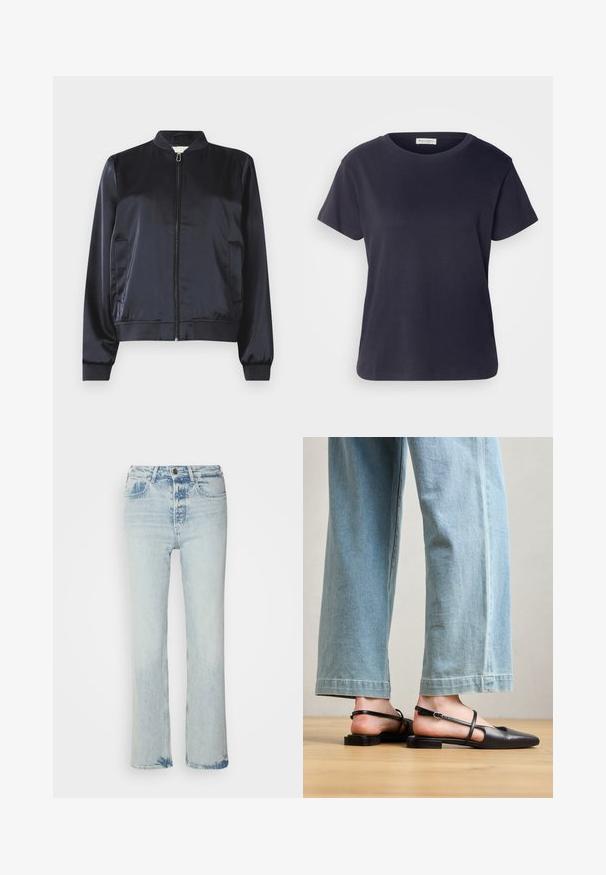 Veste bomber en satin marine avec fermeture éclair, poignets et ourlet côtelés, et deux poches latérales. Texture lisse et design structuré.; T-shirt en coton bleu marine avec un col rond, des manches courtes et une coupe décontractée. Texture lisse et design minimaliste, sans motifs visibles.; Jeans en denim bleu clair avec une coupe droite, taille haute, cinq poches et une fermeture à bouton. Lavage délavé avec des détails de frottement subtils.; Chaussures slingback en cuir noir avec un bout pointu, un talon plat et une bride à la cheville ; portées avec un jean large bleu clair.