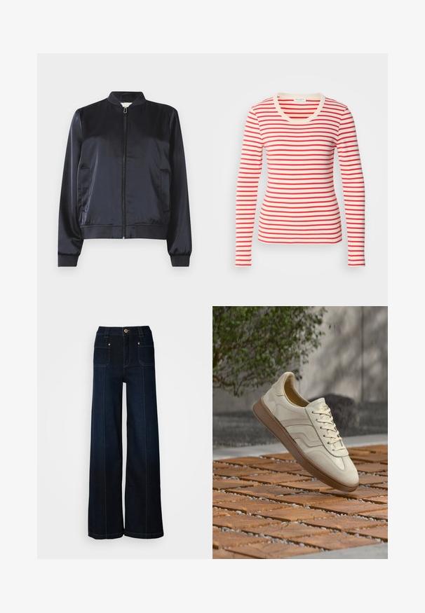 Marineblå satin bomberjakke med lynlåslukning, ribbede ærmer og kant samt to sidelommer. Glat tekstur og struktureret design.; Langærmet stribet t-shirt med et rødt og cremefarvet mønster, rund hals, tætsiddende design og blød bomuldsagtig tekstur.; Bredde ben denimjeans i mørkeblå. Har forlommer, guldfarvet hardware og kontrasterende syninger. Glat tekstur med et afslappet design.; Sneakers i cremefarve med en struktureret beige gummisål, snøredesign og diskret brand på siden. Overdel i glat læder.
