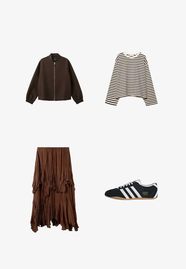 Veste bomber marron foncé avec une fermeture éclair avant argentée, des poignets élastiques et un col sans col, présentée sur un fond blanc.; Chemise courte à manches longues avec des rayures horizontales noires et blanches et un col rond, présentée sur un fond blanc.; Jupe marron froissée avec un ourlet asymétrique et des détails de tissu superposés et drapés créant un effet texturé et fluide.; Sneakers en suede noir avec trois bandes blanches, logo doré et semelle en caoutchouc marron. Présente un design à lacets à profil bas.