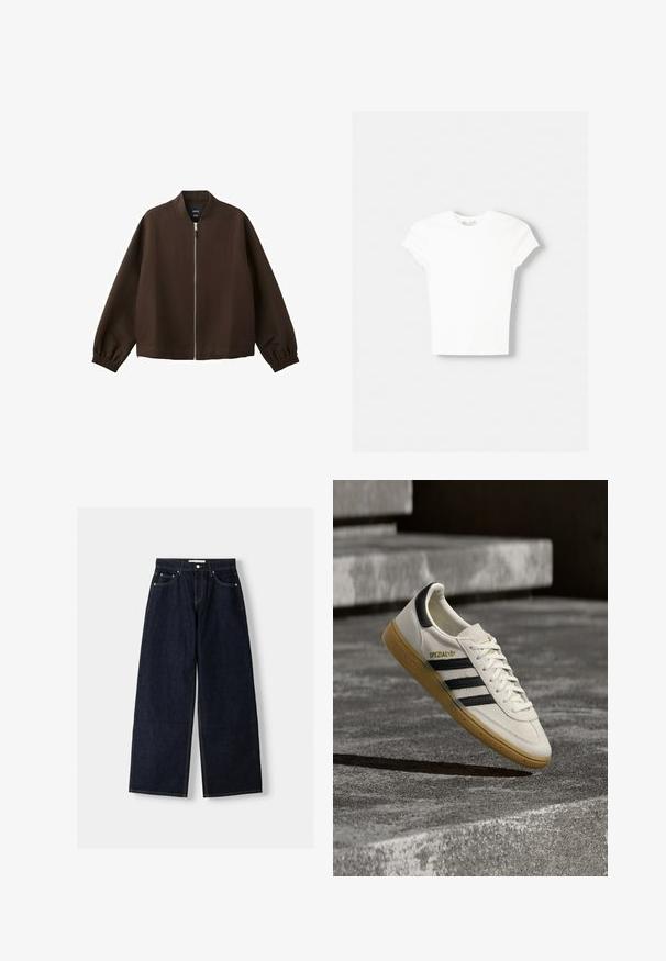 Veste bomber marron foncé avec une fermeture éclair avant argentée, des poignets élastiques et un col sans col, présentée sur un fond blanc.; T-shirt blanc à manches courtes en coton doux, avec un col rond et une coupe ajustée. Pas de motifs ni d'ornements visibles.; Jean large en denim bleu foncé à taille haute, avec cinq poches, des coutures contrastées et des éléments en métal argenté. Texture lisse et finition soignée.; Baskets Adidas Spezial blanches avec des rayures noires et une semelle en gomme flottant au-dessus de marches en pierre grises à l'extérieur.