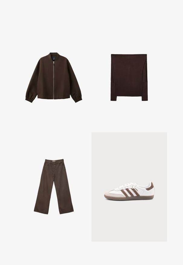 Veste bomber marron foncé avec une fermeture éclair avant argentée, des poignets élastiques et un col sans col, présentée sur un fond blanc.; Haut marron à manches longues avec un design ample, un col large et un tissu superposé. Le matériau semble doux avec une texture lisse.; Pantalons en denim marron à coupe large avec un design classique à cinq poches, dotés d'une fermeture à bouton et d'une texture lisse.; Baskets Adidas Samba blanches avec des bandes en daim marron, semelle en caoutchouc marron et bout en daim beige, vues du côté extérieur sur un fond uni.